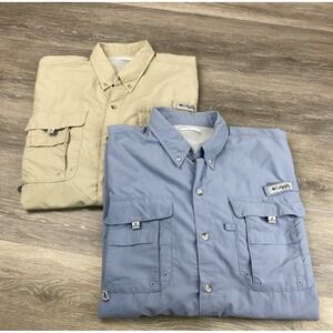 Lot Of 2 Columbia‎ PFG Button Up Down Mens Size L Vented Fishing Shirt Blue/ Tan